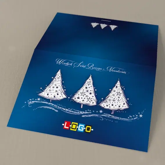 Kartka świąteczna z logo BN1-310 Trio w bieli na granacie, tył