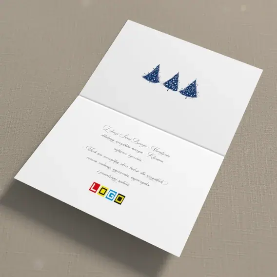 Kartka świąteczna z logo BN1-310 Trio w bieli na granacie, wnętrze