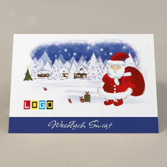 Kartka świąteczna z logo BN1-314 Mikołaj dźwiga paczki na śniegu, przód