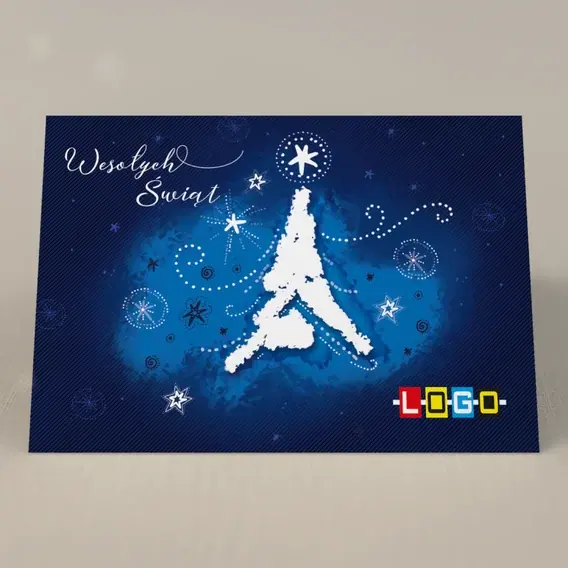 Kartka świąteczna z logo BN1-318 Jasne drzewko w nocnej kaligrafii, przód