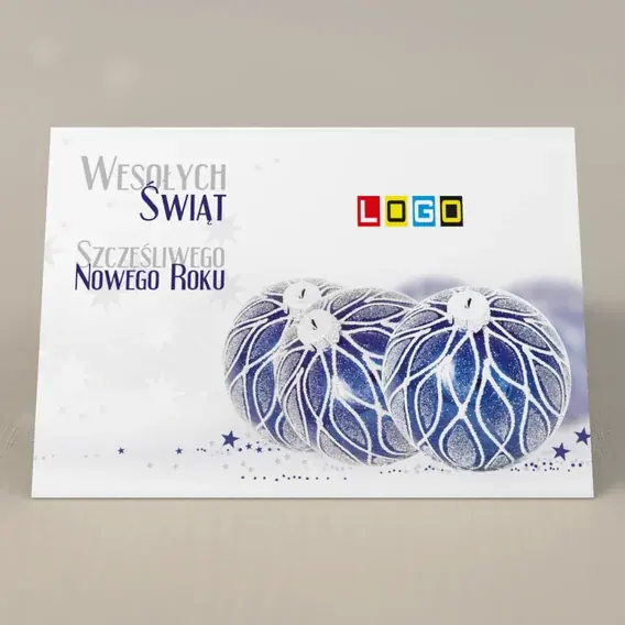 Kartka świąteczna z logo BN1-331 Ciemne ozdoby na bieli, przód