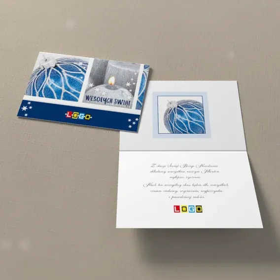 Kartka świąteczna z logo BN1-333 Płomień świecy obok kuli, widok ogólny