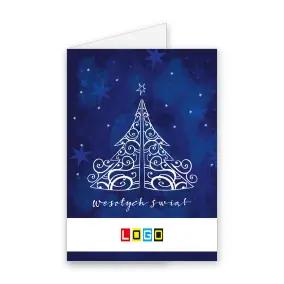 BN1-339 Ornamentowy świerk w niebieskich gwiazdach · Okładka Kartka świąteczna z logo BN1-339 Ornamentowy świerk w niebieskich gwiazdach, okładka