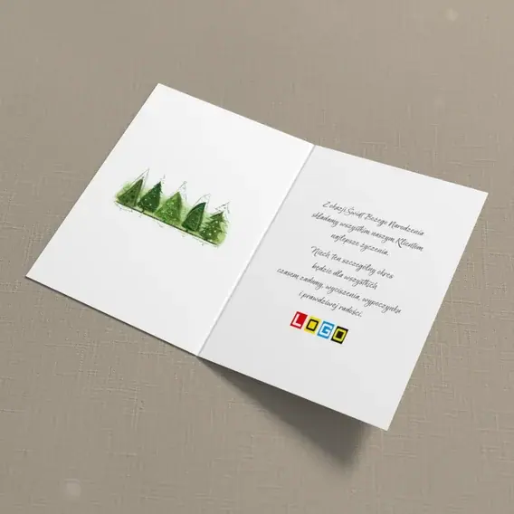 Kartka świąteczna z logo BN1-343 Kaligrafia między zielonymi drzewkami, wnętrze