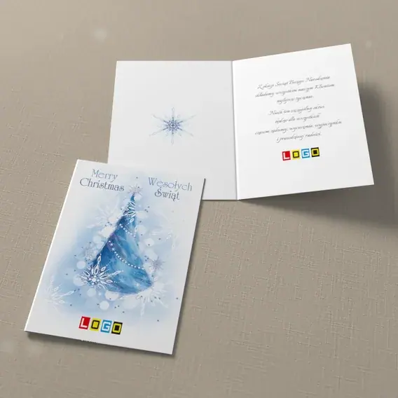 Kartka świąteczna z logo BN1-347 Rozmyte kręgi i śnieżynki, widok ogólny