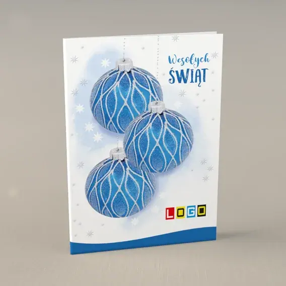 Kartka świąteczna z logo BN1-348 Granatowe ozdoby i mglisty błękit, przód
