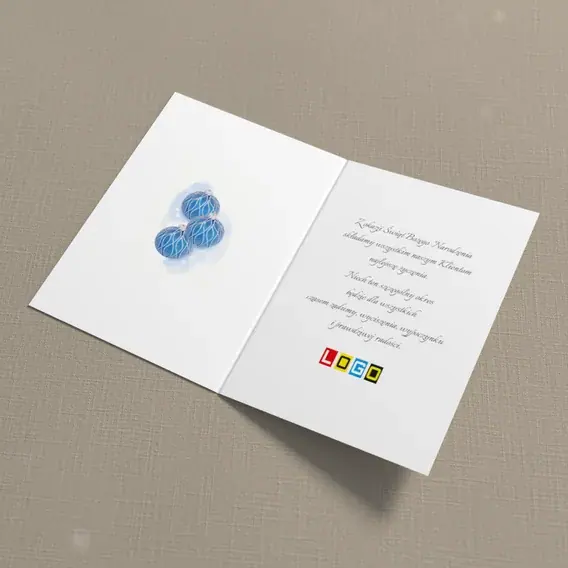Kartka świąteczna z logo BN1-348 Granatowe ozdoby i mglisty błękit, wnętrze