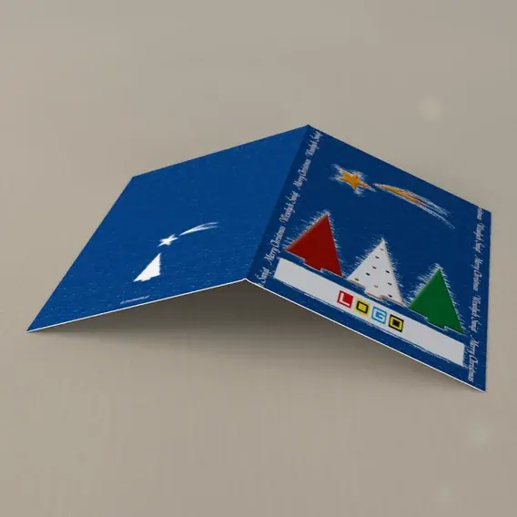 Kartka świąteczna z logo BN1-351 Trójbarwne jodły na granacie, tył