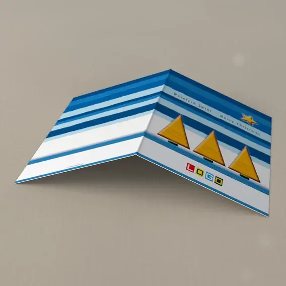 Kartka świąteczna z logo BN1-352 Pasy błękitu i geometryczne jodły, tył
