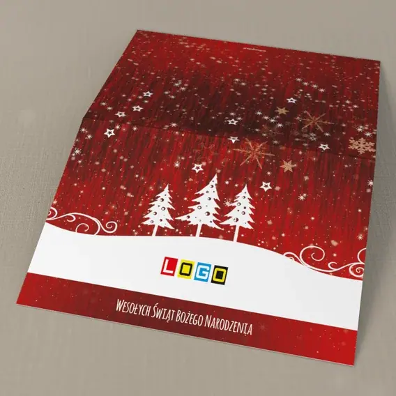 Kartka świąteczna z logo BN1-366 Śnieżny pagórek na karminie, tył