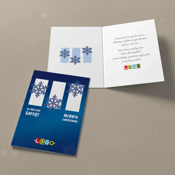 Kartka świąteczna z logo BN1-377 Granatowa plansza z płatkami, widok ogólny
