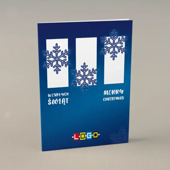 Kartka świąteczna z logo BN1-377 Granatowa plansza z płatkami, przód