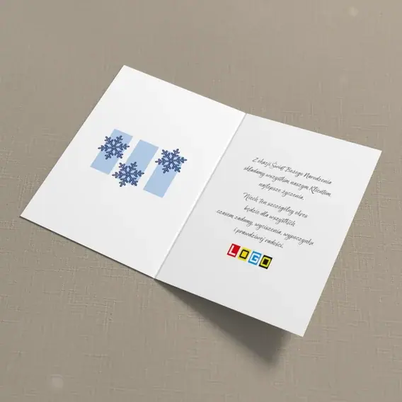 Kartka świąteczna z logo BN1-377 Granatowa plansza z płatkami, wnętrze