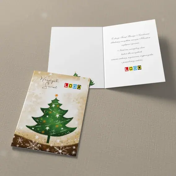 Kartka świąteczna z logo BN1-379 Świerk w plamki i śnieżynki, widok ogólny