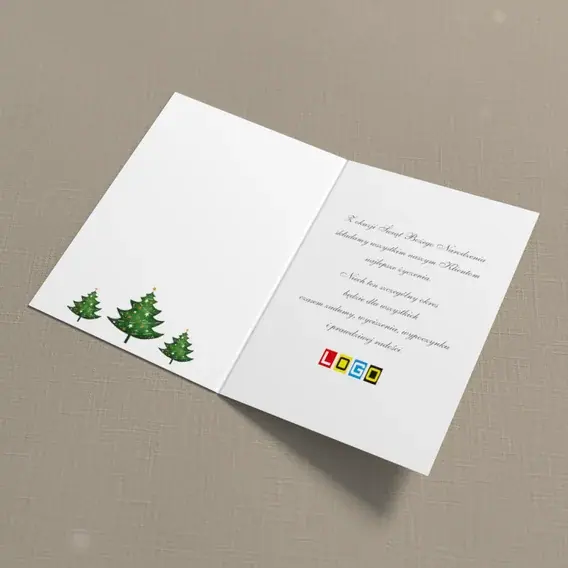Kartka świąteczna z logo BN1-379 Świerk w plamki i śnieżynki, wnętrze
