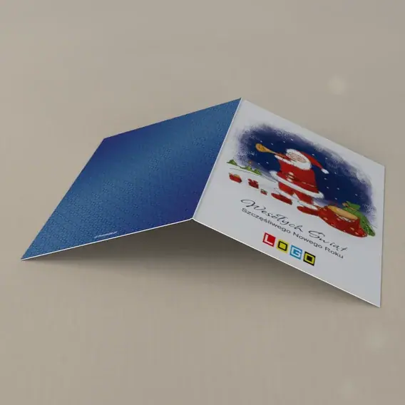 Kartka świąteczna z logo BN1-381 Grający Mikołaj i choinki, tył