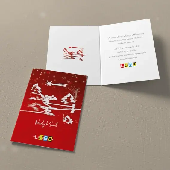 Kartka świąteczna z logo BN1-383 Kreska domków na czerwieni, widok ogólny