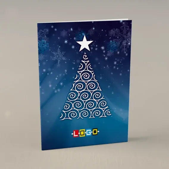 Kartka świąteczna z logo BN1-384 Zakręcona choinka w chłodzie granatu, przód
