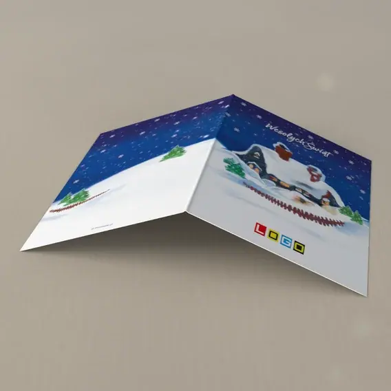 Kartka świąteczna z logo BN1-386 Wieczorny dom w śniegu, tył