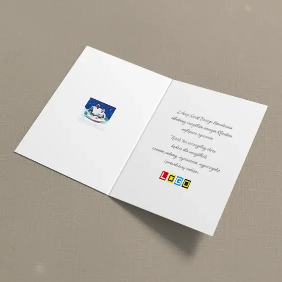Kartka świąteczna z logo BN1-386 Wieczorny dom w śniegu, wnętrze