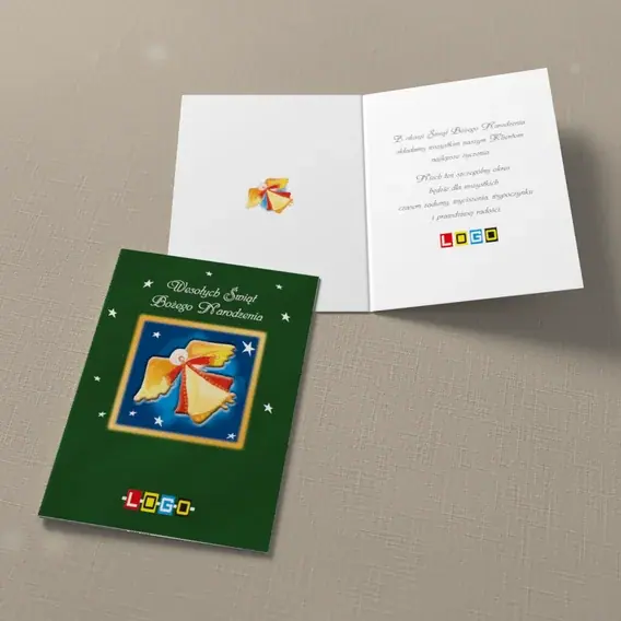 Kartka świąteczna z logo BN1-387 Skrzydlata postać na zieleni, widok ogólny