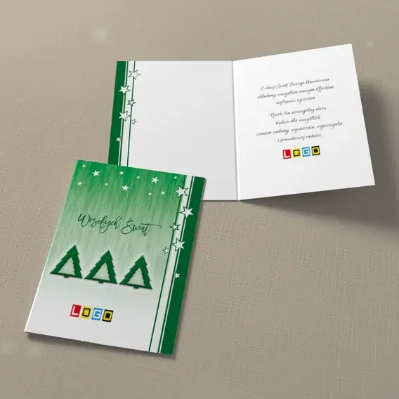 Kartka świąteczna z logo BN1-393 Trzy świerki w zieleni, widok ogólny