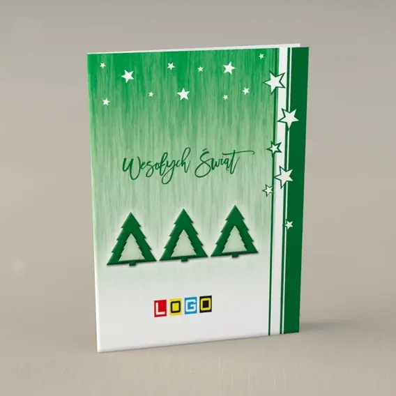 Kartka świąteczna z logo BN1-393 Trzy świerki w zieleni, przód