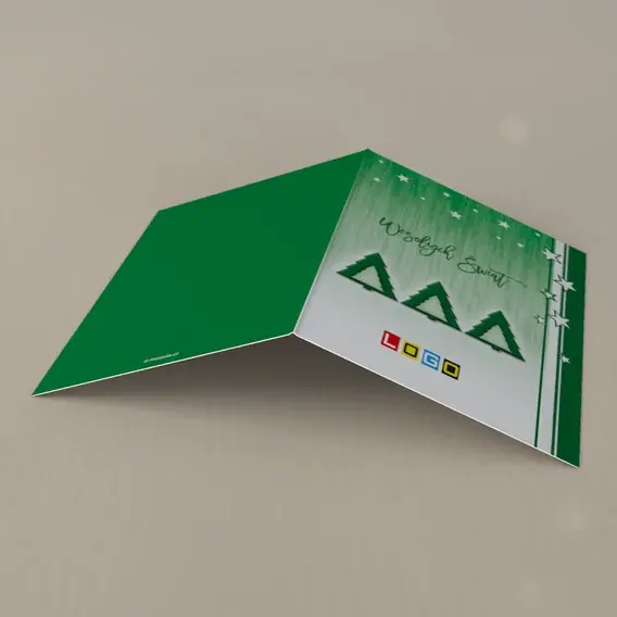 Kartka świąteczna z logo BN1-393 Trzy świerki w zieleni, tył