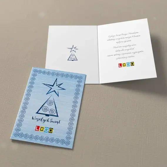 Kartka świąteczna z logo BN1-395 Spiralny wzór w granatowej obwódce, widok ogólny