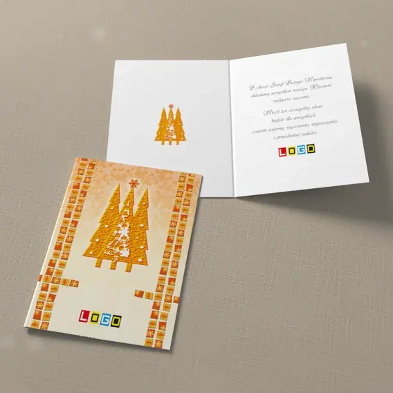 Kartka świąteczna z logo BN1-396 Trójka pomarańczowych świerków, widok ogólny