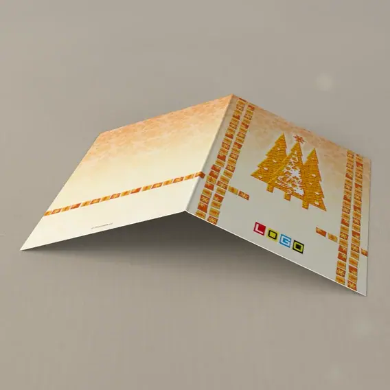 Kartka świąteczna z logo BN1-396 Trójka pomarańczowych świerków, tył