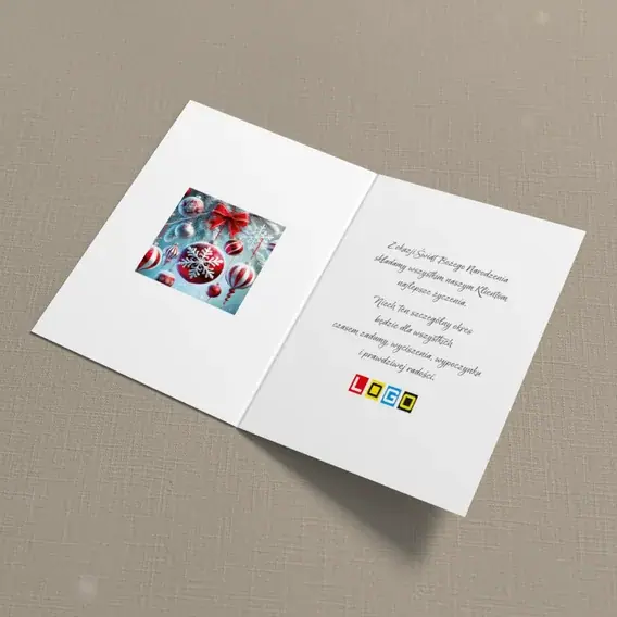 Kartka świąteczna z logo BN1-401 Szklane kule i czerwona wstęga, wnętrze