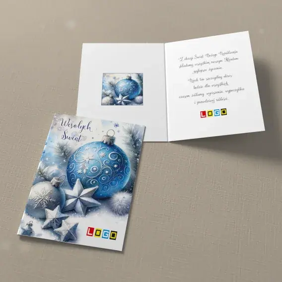 Kartka świąteczna z logo BN1-402 Szare gwiazdy przy lazurowej kuli, widok ogólny