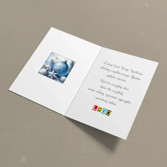 Kartka świąteczna z logo BN1-402 Szare gwiazdy przy lazurowej kuli, wnętrze
