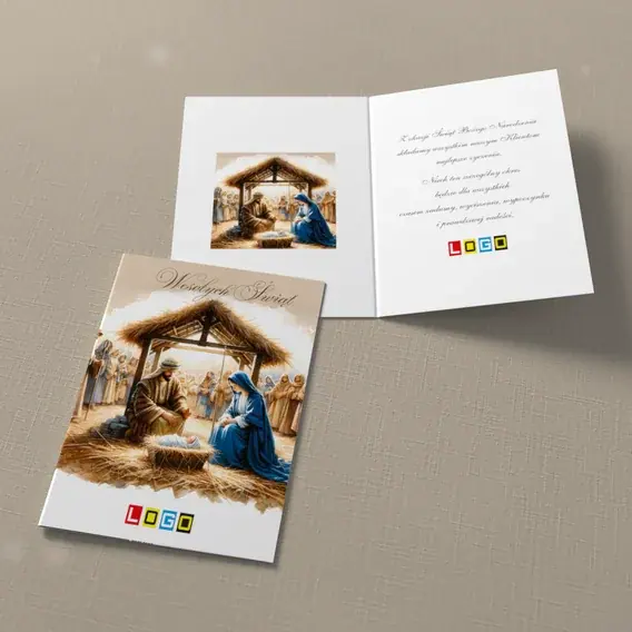 Kartka świąteczna z logo BN1-403 Szopka z drewna i siana, widok ogólny