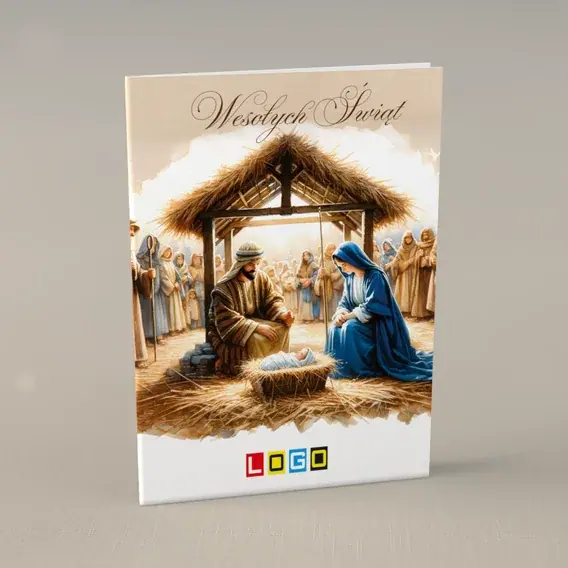 Kartka świąteczna z logo BN1-403 Szopka z drewna i siana, przód