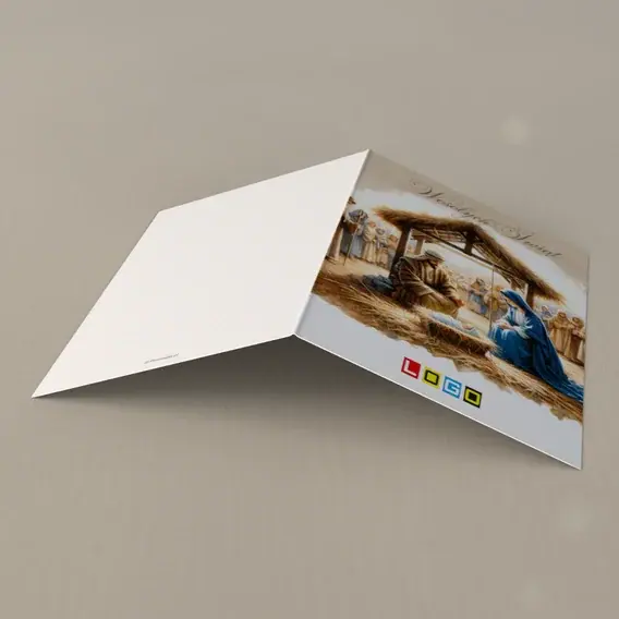 Kartka świąteczna z logo BN1-403 Szopka z drewna i siana, tył