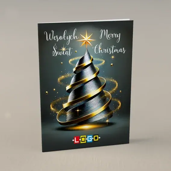 Kartka świąteczna z logo BN1-405 Żółtawy blask spiralnej choinki, przód