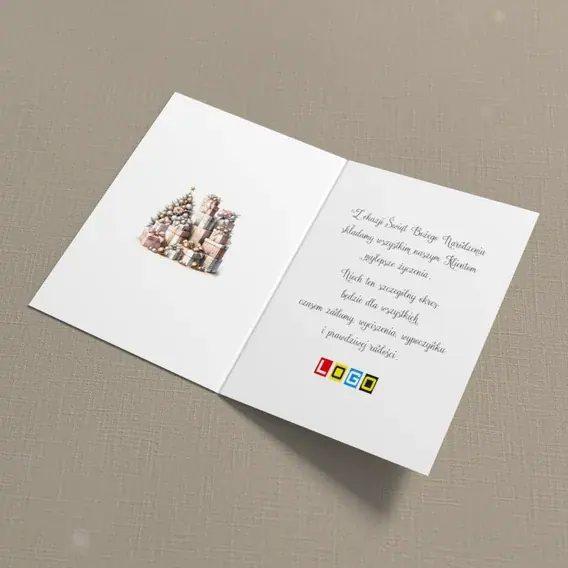Kartka świąteczna z logo BN1-406 Pudełka w pudrowym różu, wnętrze