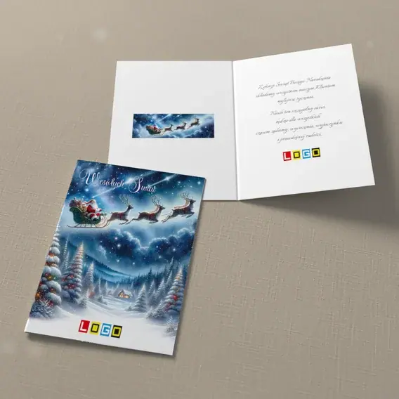Kartka świąteczna z logo BN1-407 Lot saniami nad wsią, widok ogólny