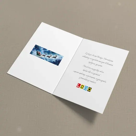 Kartka świąteczna z logo BN1-407 Lot saniami nad wsią, wnętrze