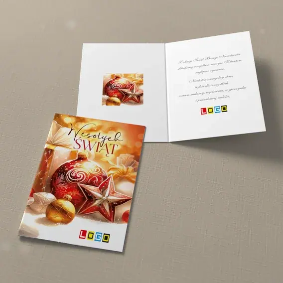 Kartka świąteczna z logo BN1-410 Rubinowa ozdoba przy prezentach, widok ogólny