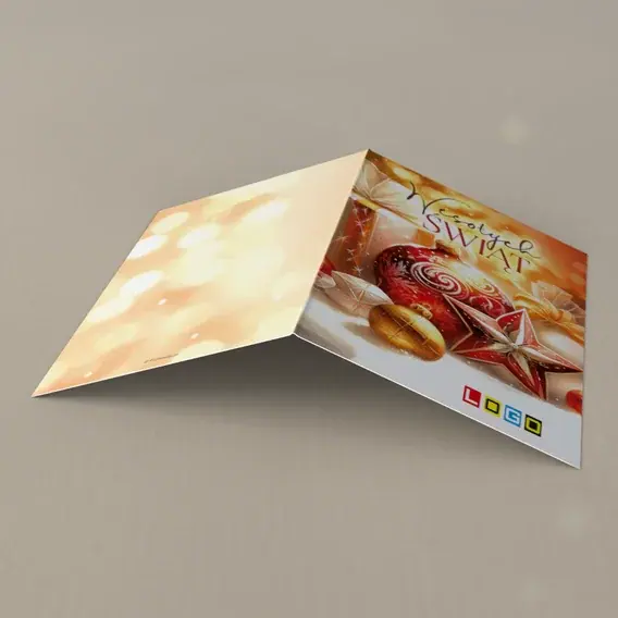 Kartka świąteczna z logo BN1-410 Rubinowa ozdoba przy prezentach, tył