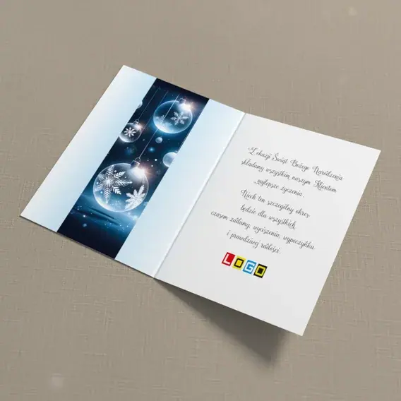 Kartka świąteczna z logo BN1-413 Nocne niebo z lśniącymi kulami, wnętrze