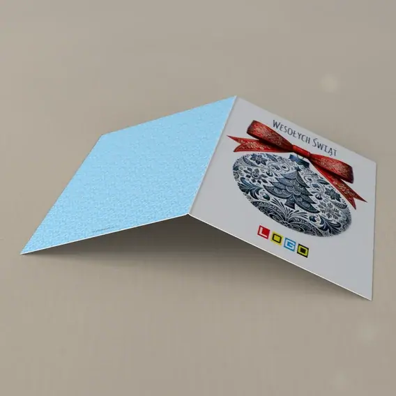 Kartka świąteczna z logo BN1-415 Granatowa jodełka na dużej kuli, tył