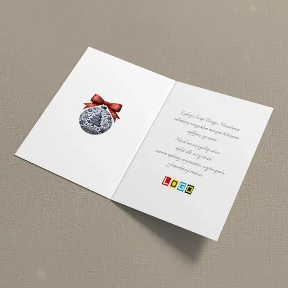 Kartka świąteczna z logo BN1-415 Granatowa jodełka na dużej kuli, wnętrze