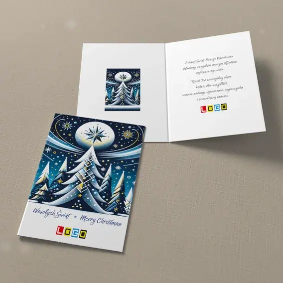 Kartka świąteczna z logo BN1-417 Bryłowa jodła pod tarczą księżyca, widok ogólny