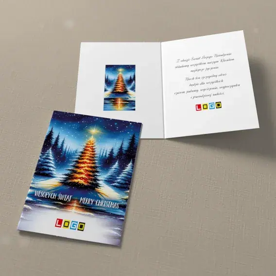 Kartka świąteczna z logo BN1-436 Rozjarzona jodła i tafla lodu, widok ogólny