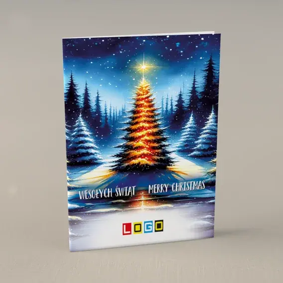Kartka świąteczna z logo BN1-436 Rozjarzona jodła i tafla lodu, przód