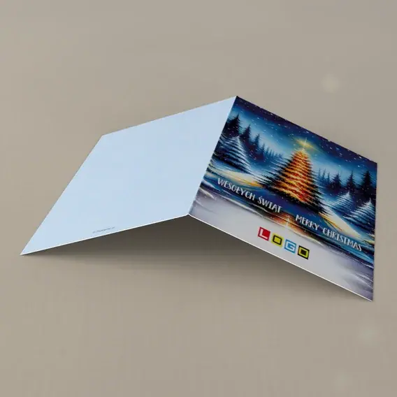 Kartka świąteczna z logo BN1-436 Rozjarzona jodła i tafla lodu, tył